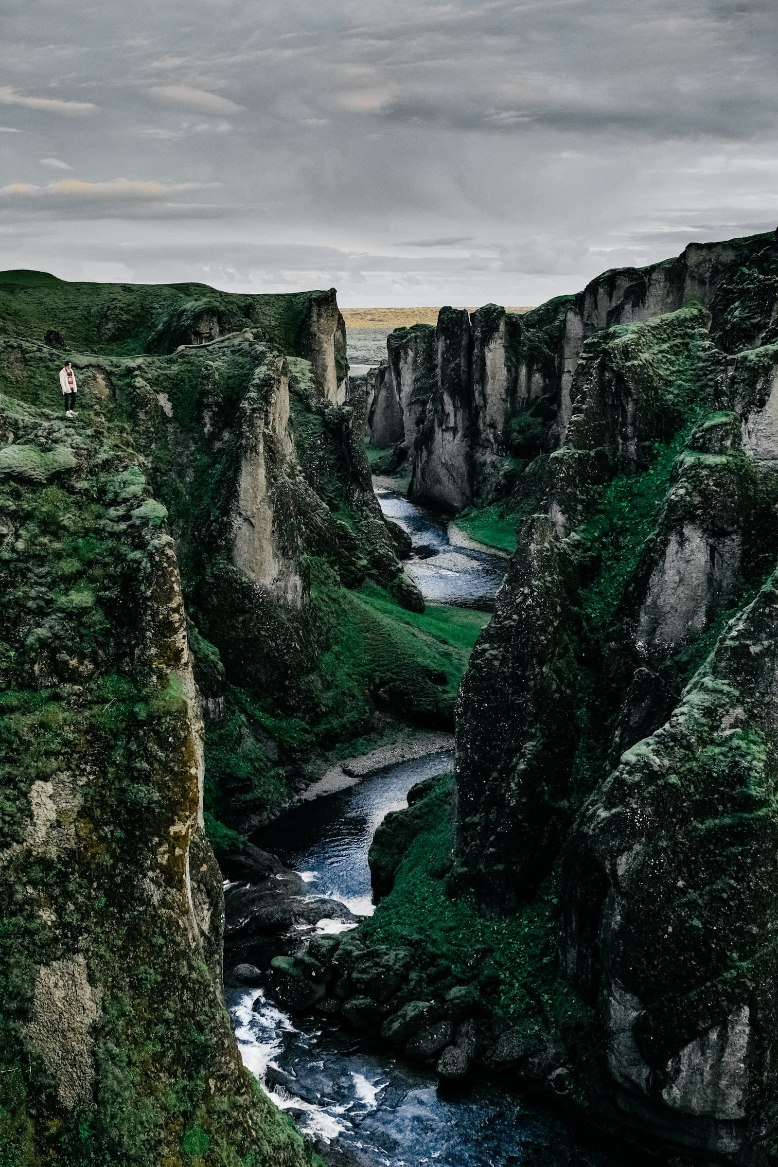 A waterfall falling into a plunge pool inside a mossy canyon